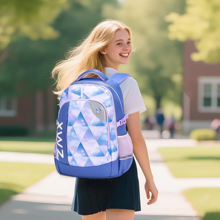 Шкільний рюкзак для підлітків 46L, рюкзак для школи, гімназії, старшої школи з нагрудною стрічкою, світловідбиваючими елементами, відділенням для 17.3' ноутбука, міцний, повсякденний, модель 5255 (Світло-блакитний)