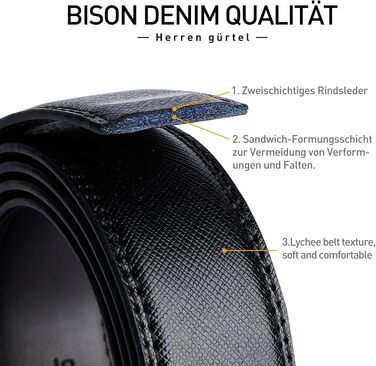 Чоловічий шкіряний ремінь BISON DENIM з автоматичною пряжкою - для ділового стилю, ширина 35 мм, чорний, розмір 120