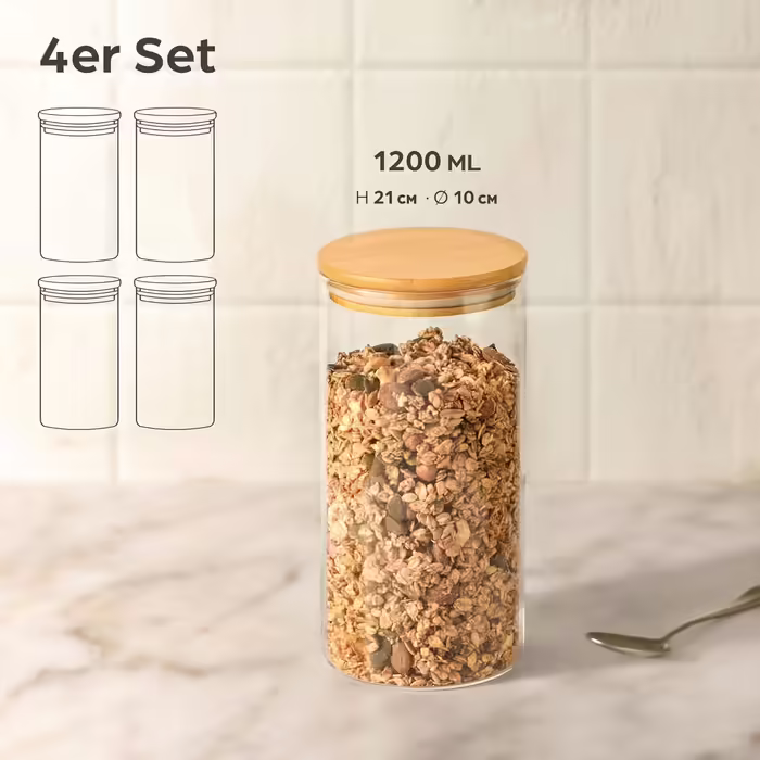 Airtight Storage Jars with Lids - 4-Piece Storage Containers - Borosilicate Glass with Bamboo Lid & 8 Seals - 1.2 L - Storage Jars