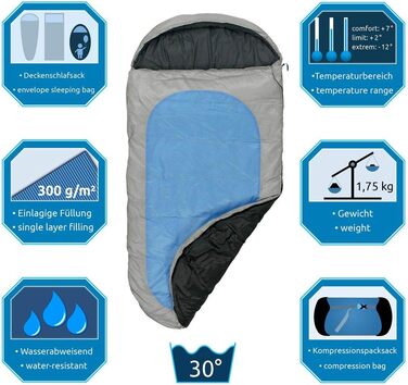Fridani Kids Sleeping Bag PB 180x90cm XXL Quilt Sleeping Bag -12°C Blue Warm Water-Repellent Washable