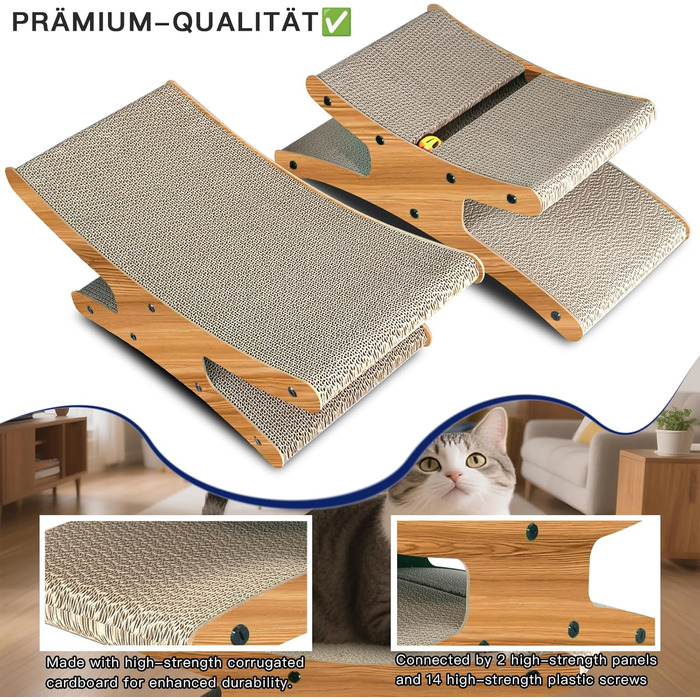 Котяче дряпальний комплекс з будиночком - XL дряпка з картону для кішок 56x26x20 см - Міцне ліжко-дряпка, місце для відпочинку з іграшкою, дерево
