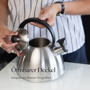 Чайник FLORINA Brillo з нержавіючої сталі (2,5 л) | Чайник-свисток для плити (індукційна, газова, електрична) | Сріблястий | Зручна ручка з бакеліту