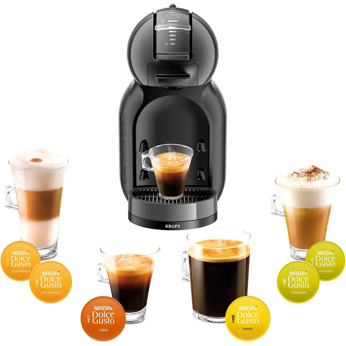 Кавомашина NESCAFÉ Dolce Gusto Mini Me від Krups, чорна/антрацитова, KP1238. Автоматична капсульна кавомашина з 15 Bar тиском, об'єм резервуару 0,8 л, режим Eco. Приготування гарячих та холодних напоїв.