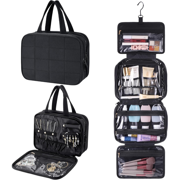 Сумка-органайзер для косметики та аксесуарів для жінок з гачком, чорна. Водонепроникна дорожня сумочка з кількома відділеннями