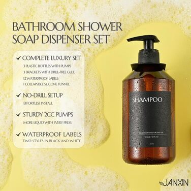 Набір з 3 сеппенсерів для кріплення на стіну, 500 мл, дозатори шампуню та гелю для душу, чорний колір, без свердління, для кухні та ванної кімнати (коричнева пляшка + чорна головка)