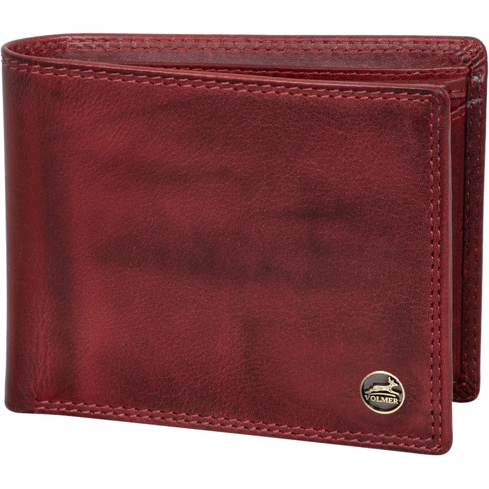 Fa. Volmer® Leather Wallet for Men with RFID Protection - Extra-Stable Double Stitch - 6 Card Slots - Landscape Format (Bordeaux Red)