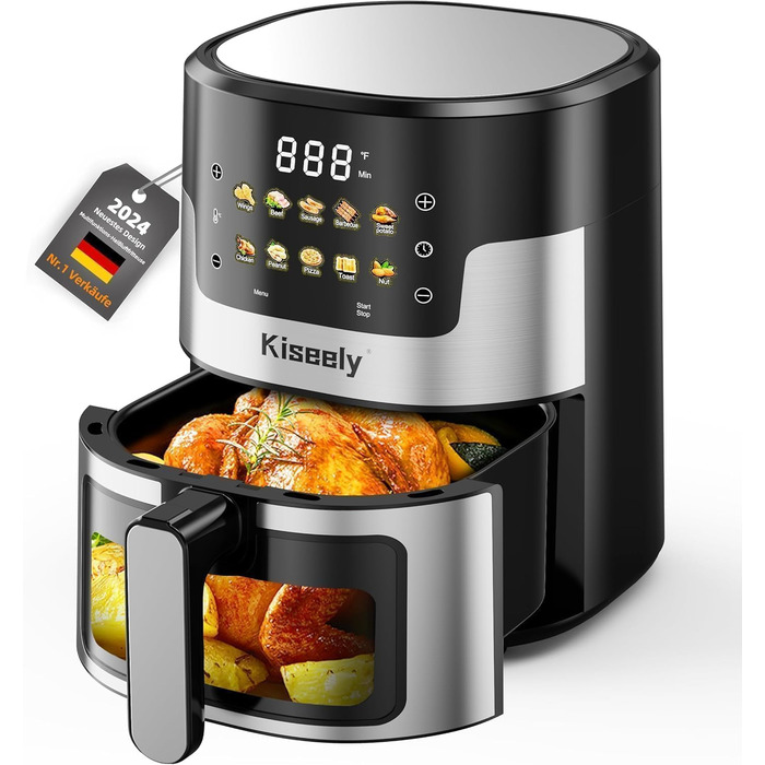 Електрична фритюрниця без олії, 6 літрів, з сенсорним скляним дисплеєм, 10-в-1, нержавіюча сталь, автоматичне відключення, регулювання температури, для смаження, випікання, грилю та підтримання тепла (ZL3)