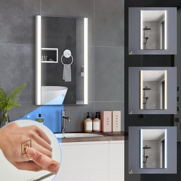 Дзеркало для ванної кімнати CLIPOP з підсвічуванням LED, сенсорне управління, IP44, 3 кольори світла, 40x50 см