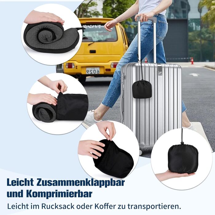 Подушка для шиї у літак, доросла, з піною Memory Foam, регульована, компактна, ергономічна, м'яка, дихаюча, з навушниками, маскою для сну, чорна сумка