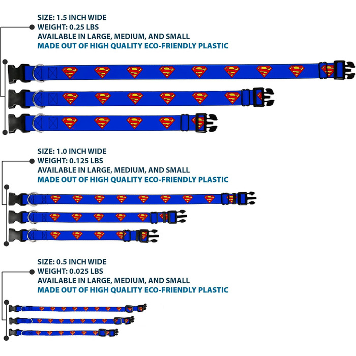 Нашийник Buckle-Down з пластиковим кліпом - Superman Shield, блакитний, ширина 1/2 дюйма, розмір для шиї 6-9 дюймів, S