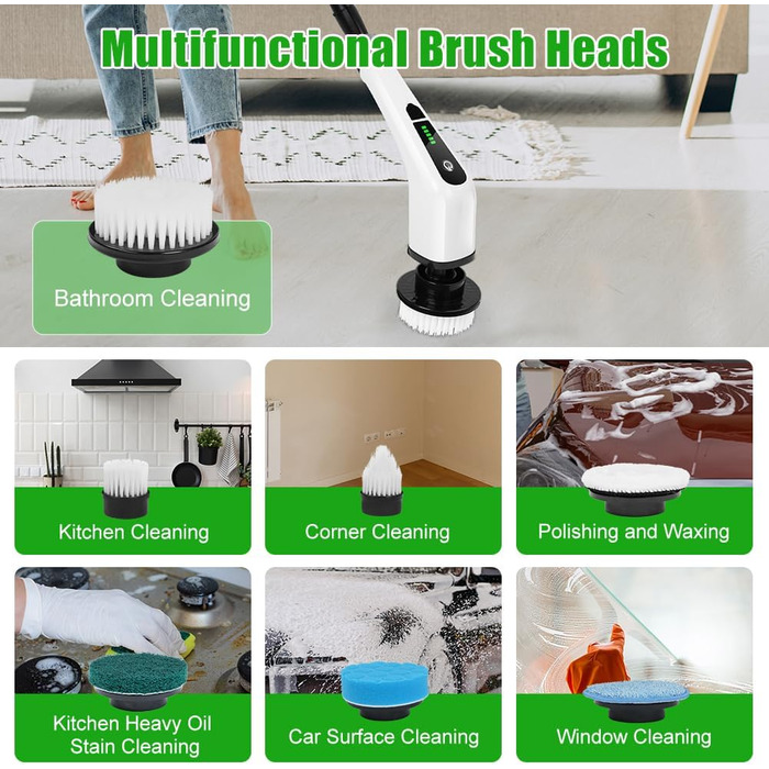 Електрична щітка для чищення OSDUE з 7 насадками, бездротова, водонепроникна IPX7, для ванни та плитки, з регульованою ручкою 137 см, біла