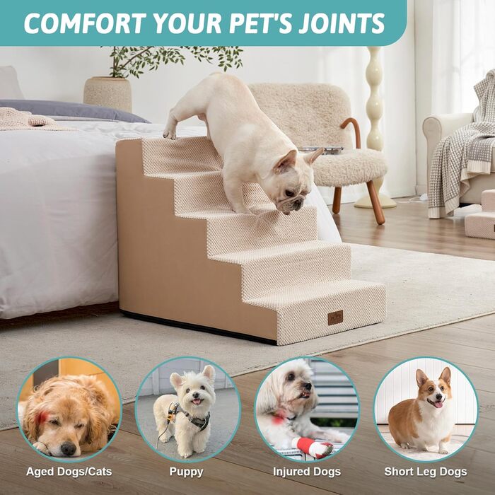 Сходинка для собак COZY KISS: 5 сходинок, 60 см, для малих собак, котів, зручна для ліжка, дивана, авто, щільний пінопласт, знімний чохол (Бежевий, 75x50x60cm)
