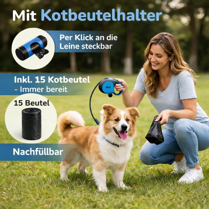 Рулетка для собак великих порід Flexi New Comfort, 8 м, до 50 кг, з кнопкою блокування, тримач для відходів, блакитна XL