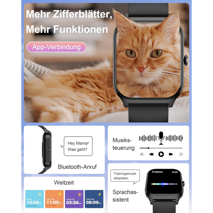 Розумний годинник Popglory для жінок та чоловіків, 100+ спортивних режимів, моніторинг здоров'я 24/7, Bluetooth, вимірювання тиску, пульсу, стресу, сну, будильник, калькулятор, крокомір, сумісний з Android та iOS, чорний