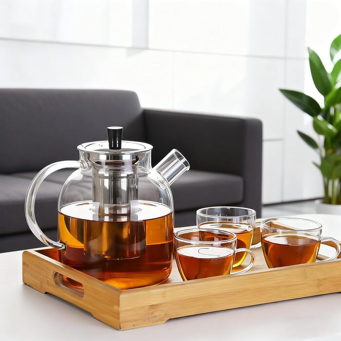 Скляний чайник для заварювання чаю 1800 мл з підставкою-підігрівачем, кришкою та ситом для листового чаю та чайних пакетів