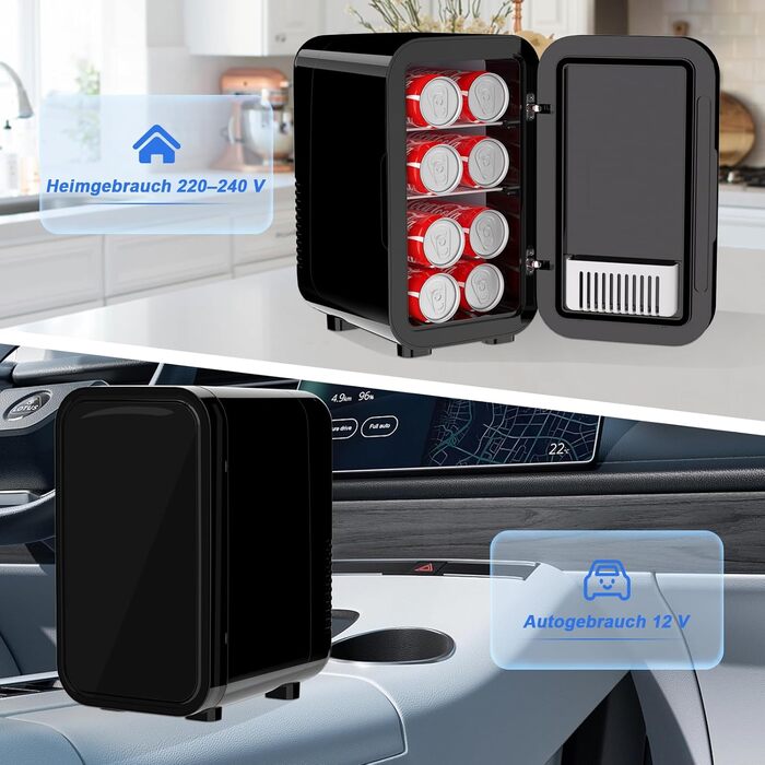 YASHE Mini Fridge - 6 Liter / 8 Can Portable Cooler - 220-240V AC/DC - Black - For Bedroom, Skincare, Drinks, Office, Dorm & Car