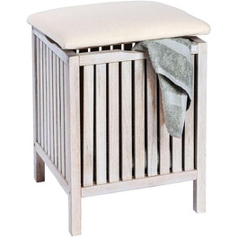 WENKO Badhocker Norway with Laundry Hamper, Storage Ottoman with Padded and Flip-Up Seat as Lid, Solid Walnut Wood, Oiled, Capacity 65 L, (W x H x D): 39 x 52 x 39 cm, Natural (White)