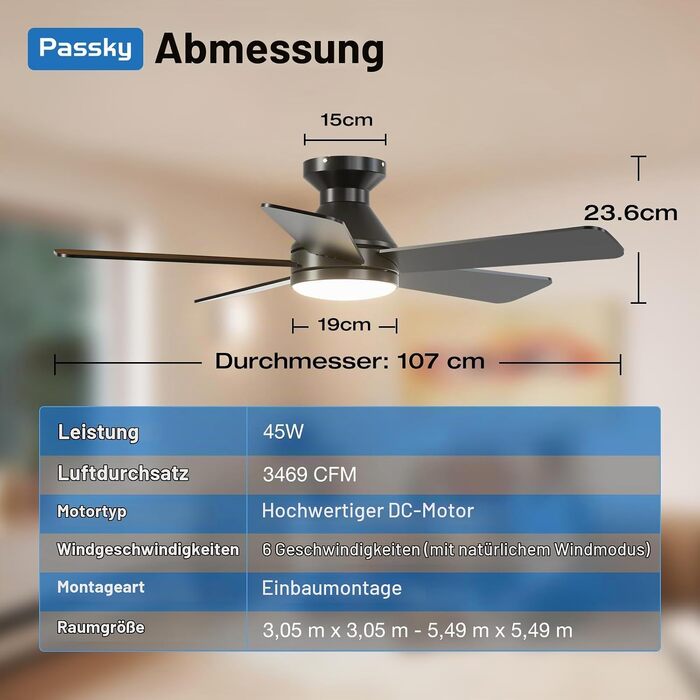 Стельовий вентилятор з освітленням Passky 132 см, LED-лампа з 3 режимами світла, DC-мотор, пульт ДК, 6 швидкостей, реверс (літо/зима), чорний