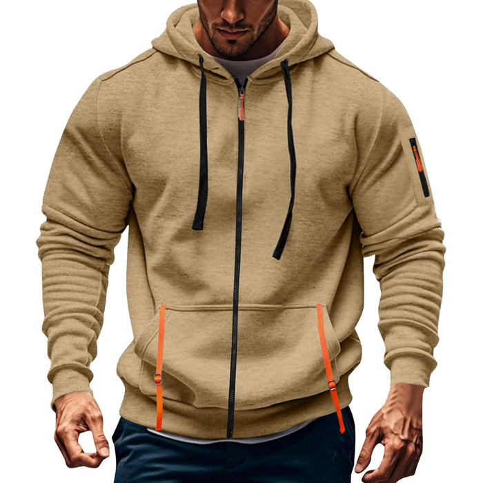 Світшот з капюшоном Aulemen для чоловіків з блискавкою, з довгим рукавом, Slim Fit, з кількома кишенями (Хакі, M)