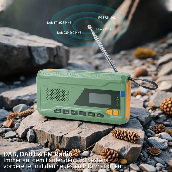 Радіо Alika для надзвичайних ситуацій: радіо з ручним приводом, FM/DAB+/DAB, сонячне, з Powerbank 4000mAh, зарядкою для телефону, USB, SOS-сигналом, ліхтарик (3 режими), для відпочинку на природі, кемпінгу (армійний колір)