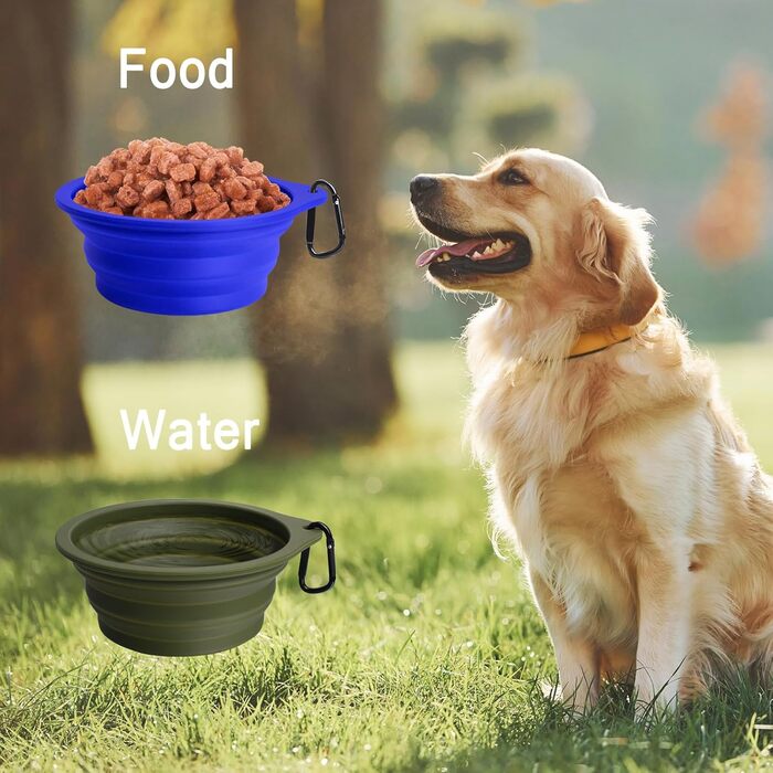 Складані годівниці для собак PetBonus, 2 шт. Силіконові миски для води для собак у подорожах, портативні, не проливаються з карабіном для собак і котів, для води та корму (600 мл, Армійний зелений, Синій)