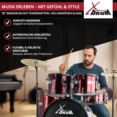 XDrum Rookie 20' барабанний комплект для студії Ruby Red – ідеальний для початківців, стильне чорне обладнання, з паличками, інструкцією та школою барабанів – червоний