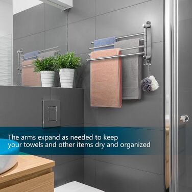 Тримач для рушників JSVER поворотний на 180°, з нержавіючої сталі 304, з 3 висувними рушниками до 50 см, для кухні, ванної кімнати, гардеробу, монтаж на стіну (срібло)