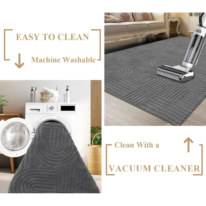 Килим для вітальні 160x230 см, великий пухнастий з коротким ворсом, миючий, сучасний, 3D ефект, антиковзаючий, для їдальні, кухні, спальні (140 x 200 см, сірий)