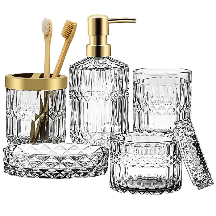 Набір аксесуарів для ванної кімнати 5 предметів: дозатор для мила та лосьйону, склянка для зубних щіток, стаканчик, мильниця та органайзер зі скла, прозорий, сучасний дизайн для ванної, кухні, косметичного столика, декор