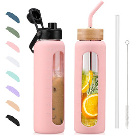 BLUEGO Glass Water Bottle - Sports Water Bottle with 2 Lids and Straw Leak-Proof Glass Bottle with Time Marker and Measurement Scale BPA Free (Pink, 900ml)