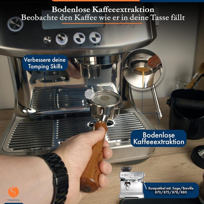 Портфільтр без дна SMARISTA 54 мм з нержавіючої сталі для кавомашин Sage/Breville Barista 870/878/880, з кошиком і бариста-гайдом [ABS]