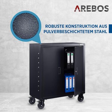 Металевий офісний шафа Arebos, чорний, 90x90x40 см, регульовані полиці, на колесах