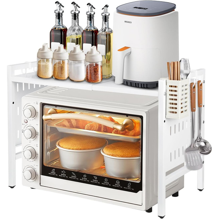 Поличка для мікрохвильової печі 3-ярусна з гачками, розширювана, висувна, 40-64 см, з вуглецевої сталі (біла з перфорованим листком, 42-68*36*46 см)