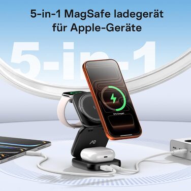 Зарядна станція 5 в 1 для iPhone з підтримкою магнітного зарядного пристрою, складана, для подорожей, бездротовий зарядний пристрій для iPhone 17/16/15/14/13/12, AirPods Pro 3, Apple Watch S11/Ultra (Titan Wüstensand) 2026-Titan Wüstensand (2026-Schwarz)