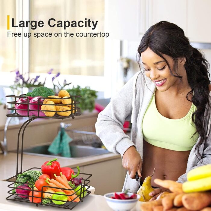 Металева фруктова корзина Bomclap на 2 яруси з тримачем для бананів - для кухні, бронзового кольору