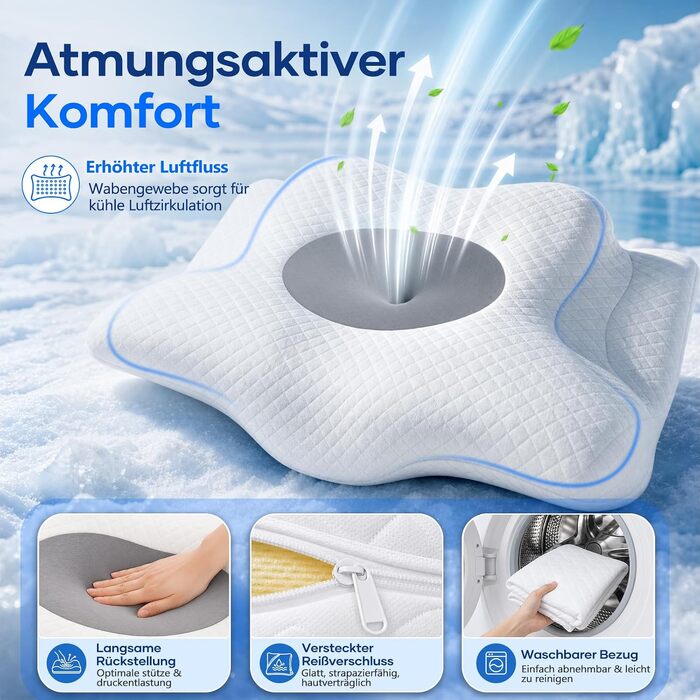 Ергономічна ортопедична подушка для шиї та голови з ефектом пам'яті (Memory Foam), 2-в-1, зі знімним чохлом, сіра, 62 x 39 x 11/13 см