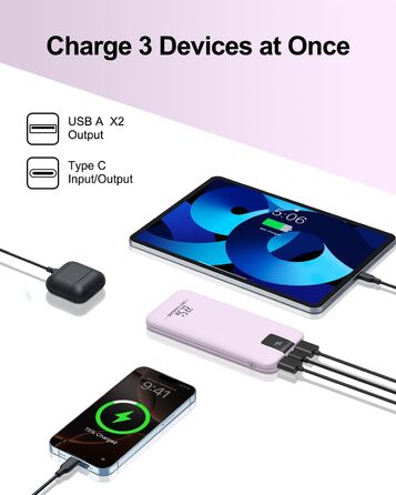Powerbank 10000mAh 22.5W з LCD-дисплеєм, 3 виходи та 2 входи, USB C, фіолетовий