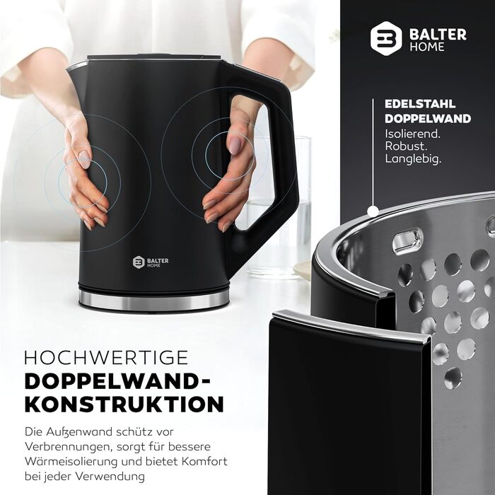 Balter Stainless Steel Electric Kettle with Temperature Control - 40°C to 100°C, Double Wall, BPA Free, 1.7L, 2200W, Quiet Kettle (D. Black)