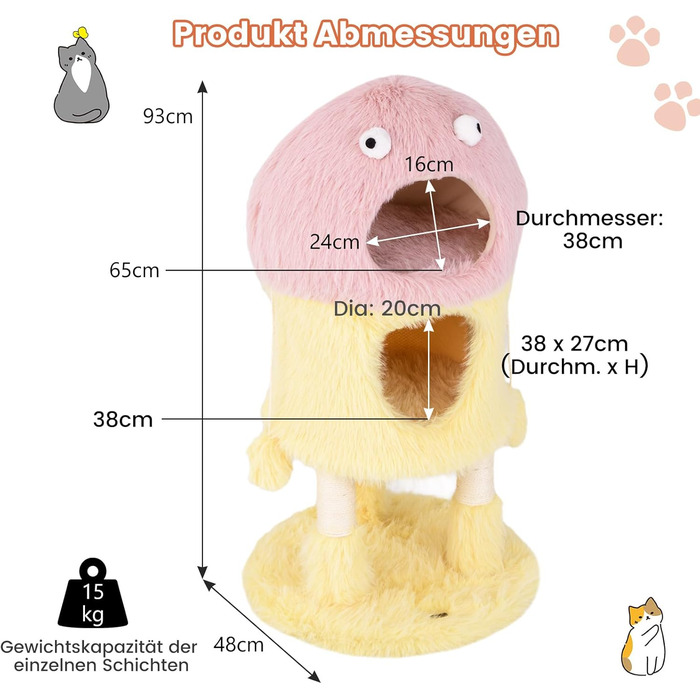 Дерев'яний кігтеточки для котів Costway з будиночками, 93 см, рожево-жовтий, з м'ячем