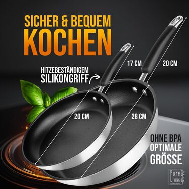 Набір сковорідок з нержавіючої сталі для всіх типів плит 20см та 28см з антипригарним покриттям - 10 років гарантії, ергономічні ручки, рівномірний розподіл тепла, придатні для миття в посудомийній машині та використання в духовці - Набір сковорідок 28см+