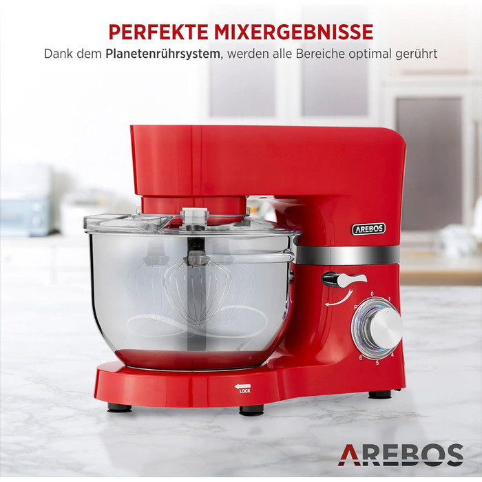 Кухонна машина Arebos 1500W з двома чашами з нержавіючої сталі 4.5 та 5.5L, 6 швидкостей | Міксер з набором насадок (крюк для тіста, міксер, вінчик) та захистом від бризок