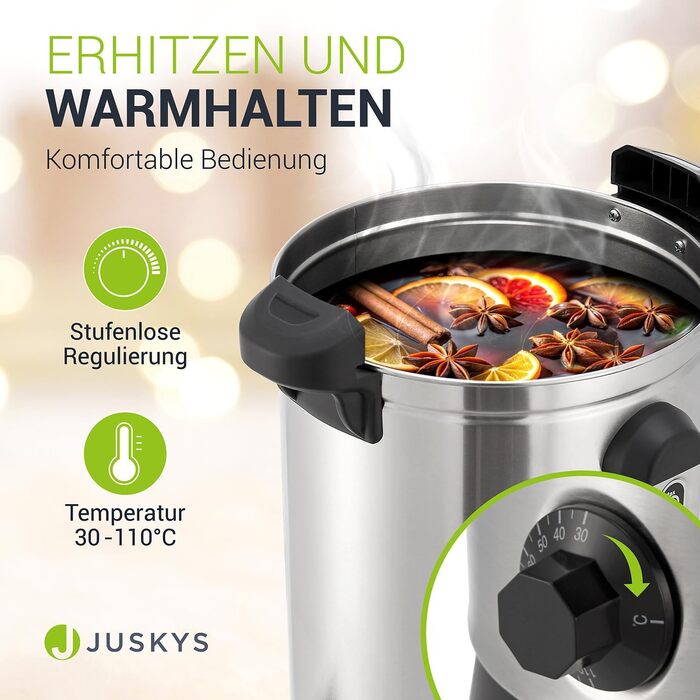 Juskys Glühwein Warmer Teramo 10 Liter 1500W with Tap, Thermostat & Overheating Protection, 30-110°C, Stainless Steel, Electric, Hot Beverage Dispenser