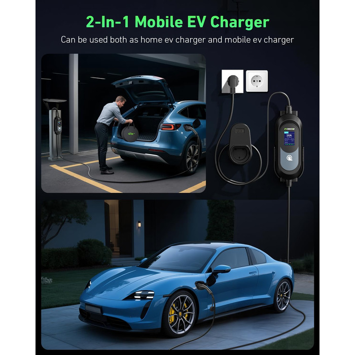 Електричний зарядний пристрій для авто Evjuicion, 15 метрів, 3.68 кВт, 8-16 А, 0-12H, IP67, Тип 2, LED-дисплей, кріплення для стіни та кабелю, портативний, сумка