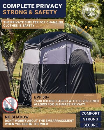 Намет для душу KingCamp великого розміру для кемпінгу, переодягання, приватність, чорний/сірий, 200 x 105 x 203 см