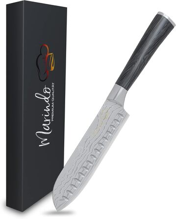 Японський ніж Santoku Marindo® з нержавіючої сталі 17,8 см | Ніж для кухні з дамаскною обробкою та стійкою дерев'яною ручкою | Універсальний японський ніж з подарунковою упаковкою | Гострий та нержавіючий