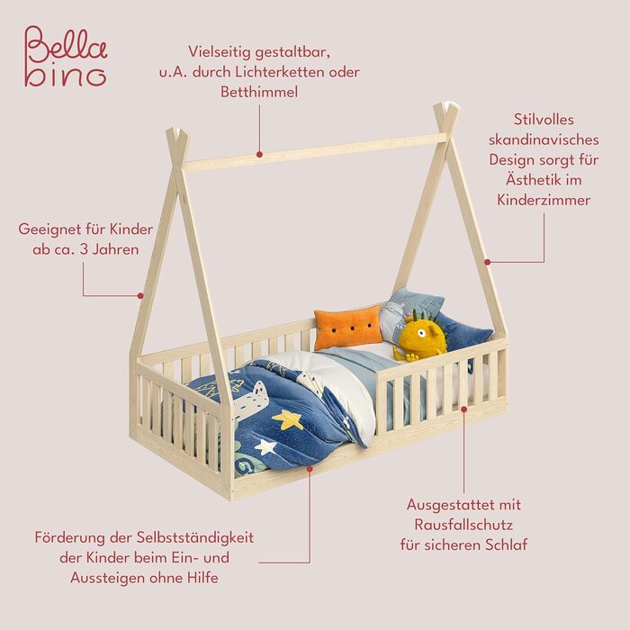 Bellabino Tajo Children's Bed Base 80x160 cm, House Bed made of Solid Pine Wood with Fall Protection/Rail and Slatted Frame in Natural for Children from 3 Years
