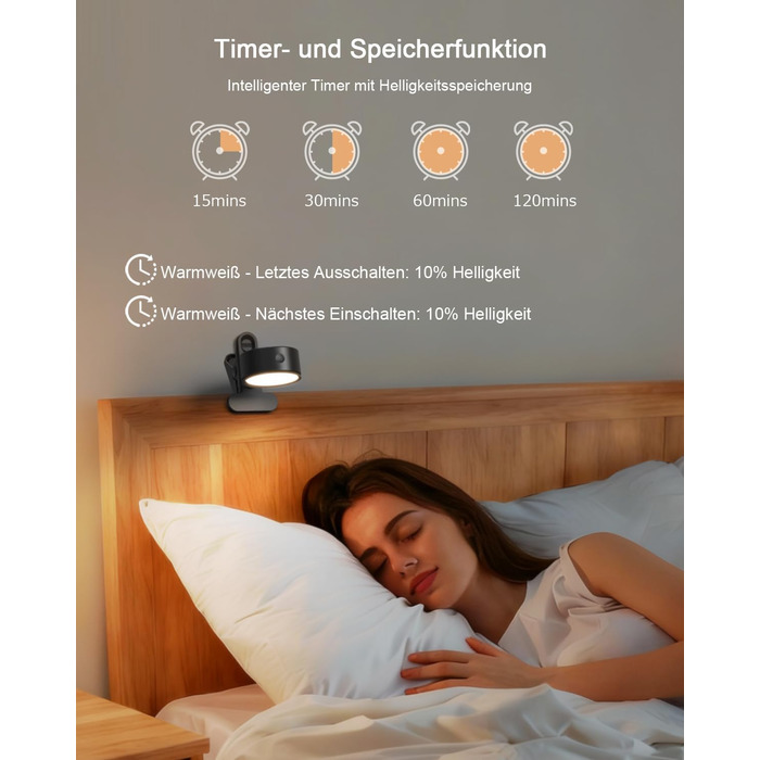 Нічник на ліжко акумуляторний бездротовий з USB-C, 5000mAh, з кліпсою, димуючий сенсорний пульт, 3 кольори, поворотний на 360°, для спальні, кемпінгу, чорний