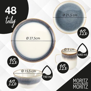 Moritz & Moritz TARENTO 24-Piece Dinnerware Set, 6 People, Blue - Elegant Plate Set made of high-quality stoneware - Dinnerware set consisting of 6 dinner plates, 6 dessert plates, 6 soup plates, and 6 cups