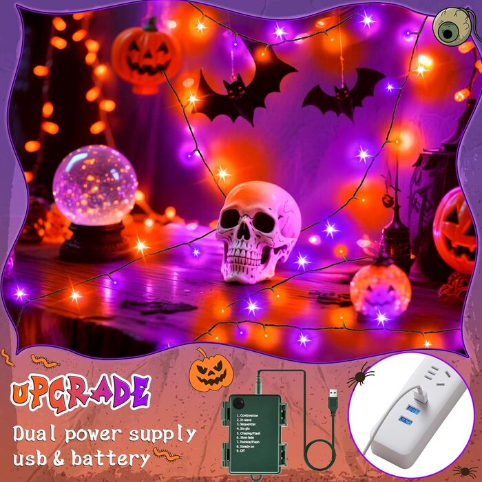Гірлянда декоративна Halloween на 6 метрів, 60 LED, оранжево-фіолетова, USB/батарейки, таймер, вологостійка, для дому та саду