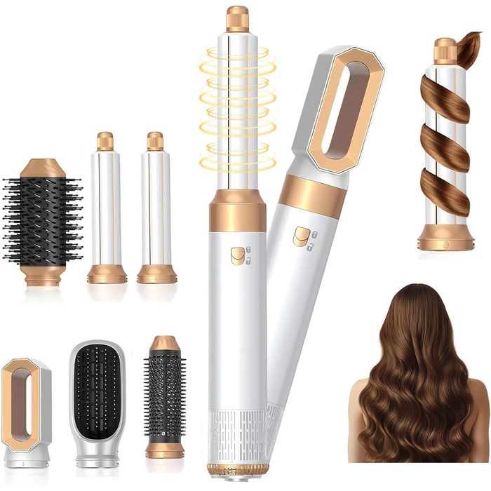 Набір для укладки волосся 6 в 1, Мультистайлер, Автоматичний локонів, Фен-щітка, Гаряча повітряна щітка, Для створення укладок, Випрямлення, Сушіння, Об'єм, Локони, Білий